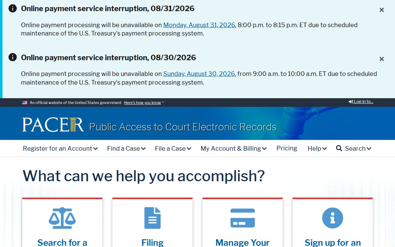 Fairfield Township previous residents PACER federal court records portal