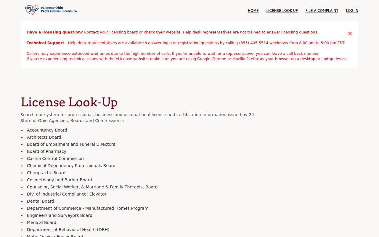 Fairfield Township resident lookup Ohio eLicense verification screen
