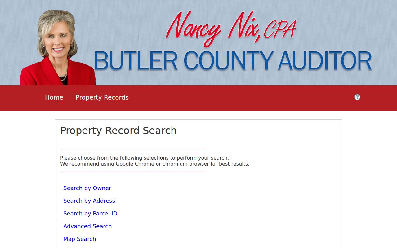 Fairfield Township street directory Butler County Auditor property records search page